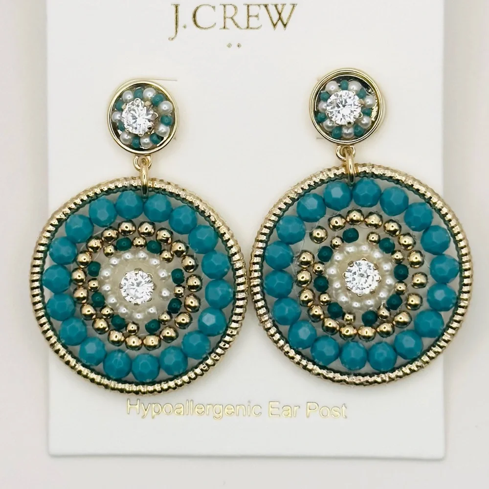 NEW J. CREW Teal Beaded Circle Statement Earrings